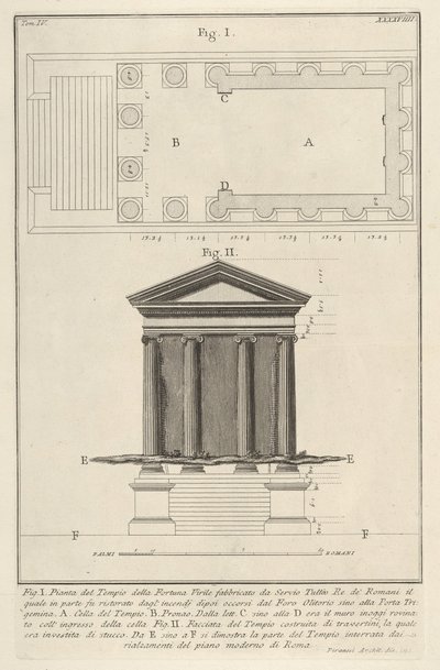 Piano e facciata del Tempio della Fortuna Virile, dalla s..., 1756 da Giovanni Battista Piranesi