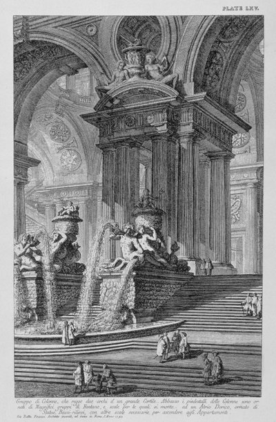 Tavola LXV Capriccio architettonico di un gruppo monumentale di colonne che sostengono due archi di un grande cortile con magnifiche fontane ornate di statue e bassorilievi datato 1743 da Vedute da Giovanni Battista Piranesi