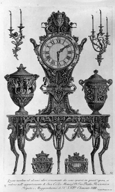 Tavolo e decorazioni per il vescovo Batta Rezzonico, nipote e maggiordomo di Clemente XIII. Disegno di Giovanni Piranesi (conosciuto come Piranese) (1720-1778). da Giovanni Battista Piranesi