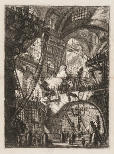 Le Prigioni: Una prospettiva di archi con un fuoco fumante al centro da Giovanni Battista Piranesi