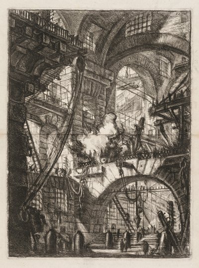 Le prigioni: Una prospettiva di archi con un fuoco fumante al centro da Giovanni Battista Piranesi
