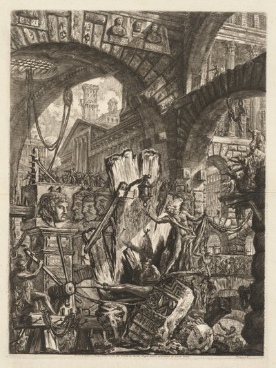 Le prigioni: un miscuglio architettonico, con un uomo sulla roccia in primo piano, 1745-50 da Giovanni Battista Piranesi