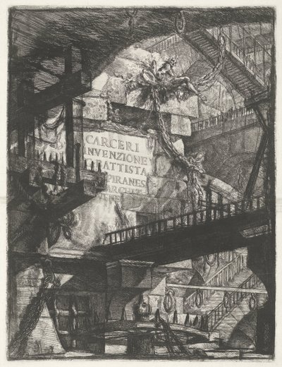 Pagina del titolo con vista in prigione e titolo sul muro da Giovanni Battista Piranesi
