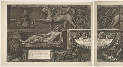 Frontespizio con sculture, rilievi scolpiti e un sarcofago con titolo Vasi, candelabri, cippi, sarcofagi, tripodi, lampade e ornamenti progettati e incisi da Giovanni Battista Piranesi (titolo della serie) da Giovanni Battista Piranesi