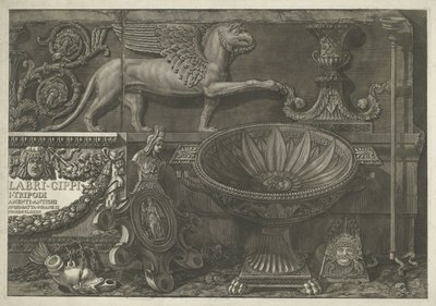 Frontespizio con sculture, rilievi scolpiti e un sarcofago con titolo (parte destra) da Giovanni Battista Piranesi
