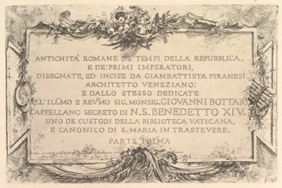 Pagina del titolo: Antichità romana del tempo della Repubblica e dei primi imperatori Antich..., ca. 1748 da Giovanni Battista Piranesi