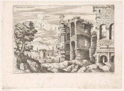 Vista sul Colosseo e dintorni a Roma (Colossaei ro prospectus, Praecipua aliquot Romanae Antiquitatis Ruinarum Monimenta) da Giovanni Battista Pittoni (I)