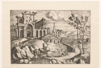 Paesaggio con rovine e architettura fantastica vicino a un corso d