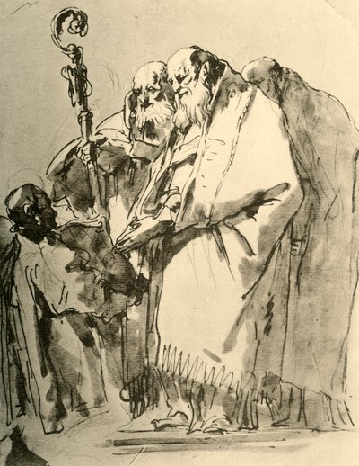 Un vescovo, due altri sacerdoti e un diacono con il rituale, anni 