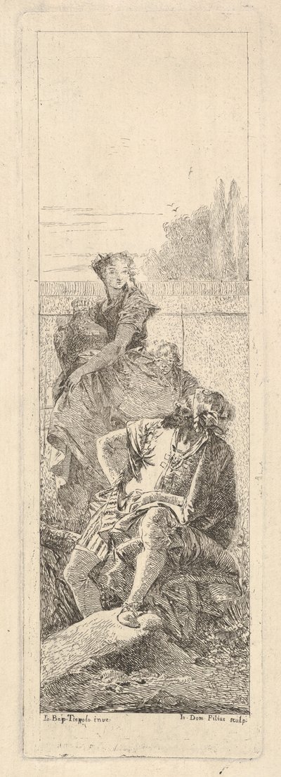 Un uomo barbuto seduto guarda oltre la spalla destra verso un bambino e una donna da Giovanni Battista Tiepolo