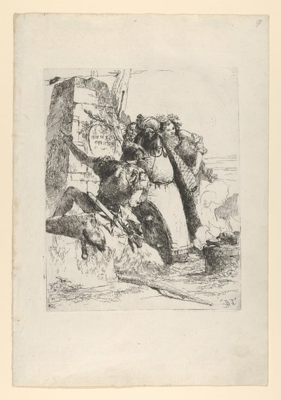 Un mago, un soldato e tre figure che osservano un teschio in fiamme dalla serie Scherzi da Giovanni Battista Tiepolo