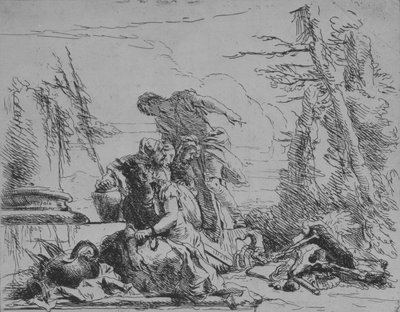 Donna incatenata e altre figure che osservano una pira di ossa, dai Capricci da Giovanni Battista Tiepolo