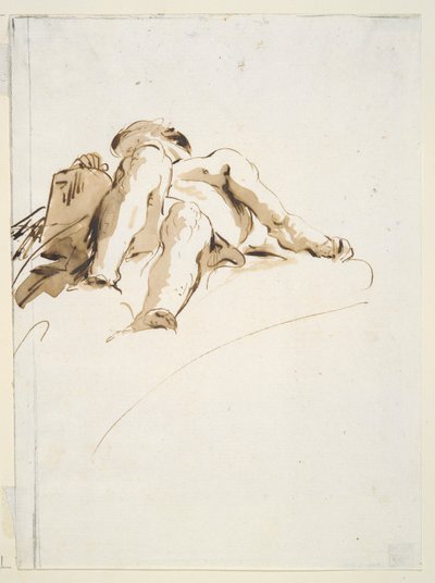 Nudo maschile reclinato con la mano destra appoggiata su una tavoletta di pietra, visto dal basso da Giovanni Battista Tiepolo
