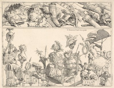 Armi romane, stendardi e trofei, una composizione divisa in due bande orizzontali, 1774 da Giovanni Battista Tiepolo