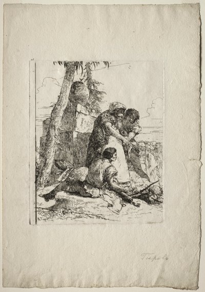 Scherzi di fantasia: mago che indica una testa in fiamme a due giovani da Giovanni Battista Tiepolo
