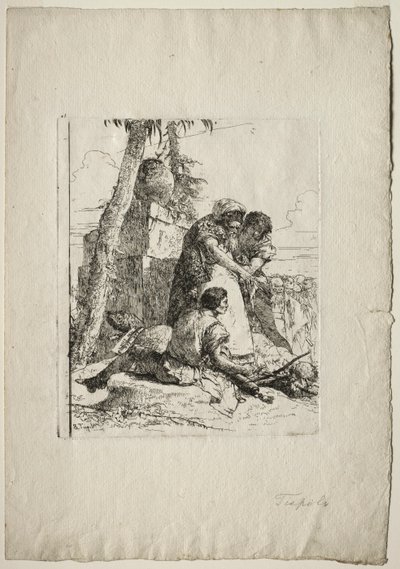 Scherzi di Fantasia: Mago che indica una testa in fiamme a due giovani, 1750s da Giovanni Battista Tiepolo