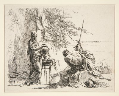 Donna in Piedi e Uomo Seduto Davanti a un Obelisco, dalla serie Vari Capricci da Giovanni Battista Tiepolo
