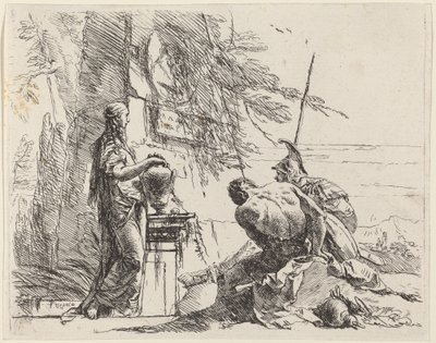 Donna in piedi e uomini seduti davanti a un obelisco da Giovanni Battista Tiepolo