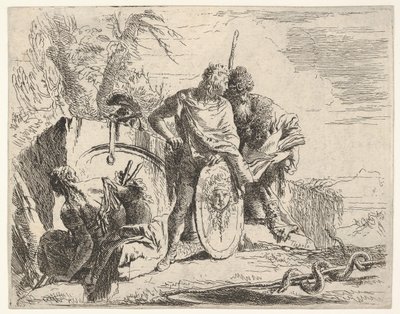 Tre figure e un serpente avvolto attorno a un bastone, circondati da un paesaggio, il ce..., XVIII secolo da Giovanni Battista Tiepolo