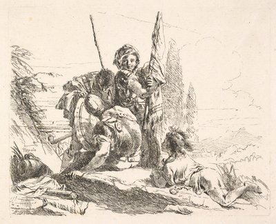 Tre soldati e un giovane sdraiato su un paesaggio da Giovanni Battista Tiepolo