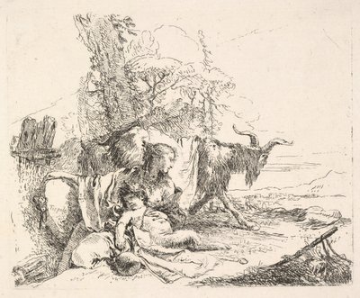 Donna e satiro infante in un paesaggio, la donna si gira a guardare sopra la spalla sinistra da Giovanni Battista Tiepolo