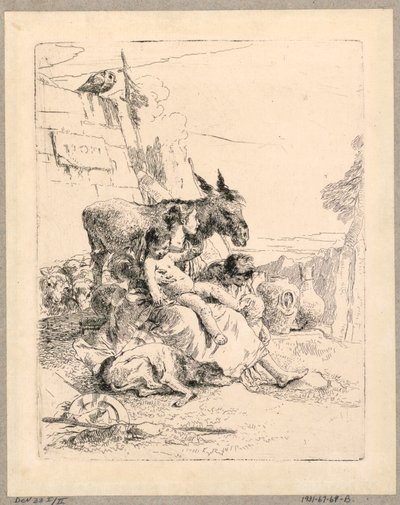 Donna con due bambini e un asino, tavola 21 dagli Scherzi di Fantasia da Giovanni Battista Tiepolo