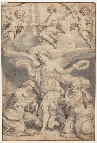 Un angelo incorona una donna inginocchiata e un soldato inginocchiato, mentre due angeli tra le nuvole volano con rami di palma e un terzo suona l