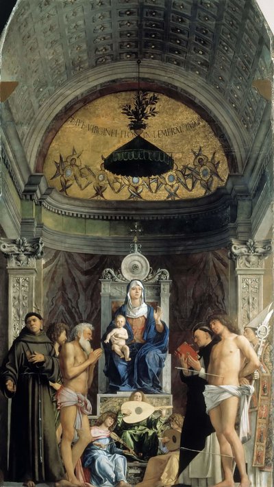 Madonna col Bambino, angeli musicali e i santi Francesco, Giovanni Battista, Giobbe, Domenico... da Giovanni Bellini