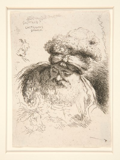 Un vecchio con una grande barba, visto di fronte, con la testa e gli occhi abbassati, dalla serie Les petites têtes d
