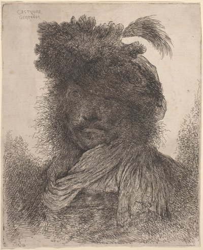 Uomo Barbuti con Viso Ombreggiato, Indossando una Sciarpa e un Cappello con Piuma da Giovanni Benedetto Castiglione
