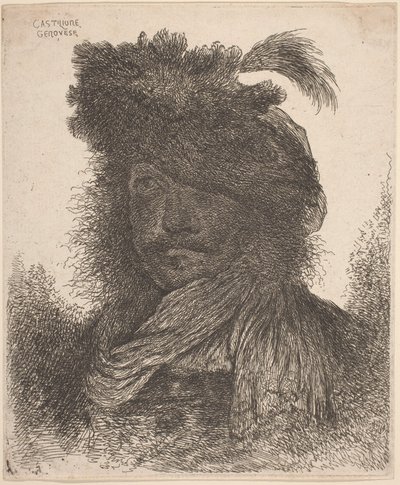 Uomo barbuto con viso ombreggiato, che indossa una sciarpa e un cappello piumato da Giovanni Benedetto Castiglione