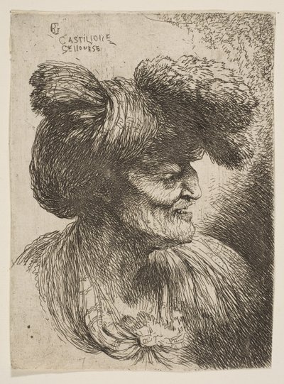 Busto di vecchio senza barba in profilo rivolto a destra, dalla serie di Piccole Teste da Giovanni Benedetto Castiglione