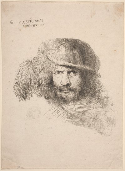 Testa di un Giovane con Cappello Piumato (cosiddetto Autoritratto) da Giovanni Benedetto Castiglione