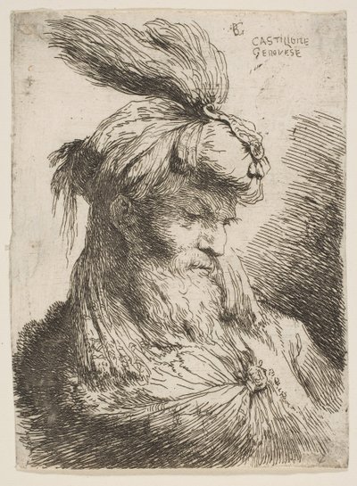 Testa di un uomo barbuto con turbante rivolto a destra, dalla serie di Piccole Teste..., ca. 1645-1650 da Giovanni Benedetto Castiglione