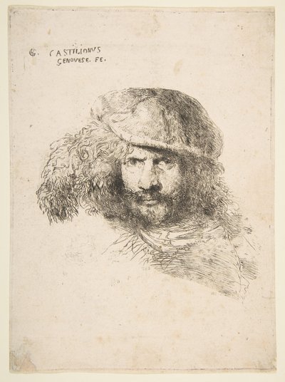 Testa di un uomo con cappello piumato, possibilmente Bernini, possibilmente un autoritratto da Giovanni Benedetto Castiglione