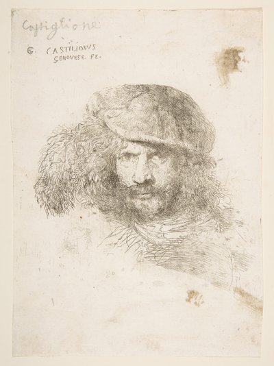 Testa di un uomo con cappello piumato, forse Bernini, forse un autoritratto da Giovanni Benedetto Castiglione