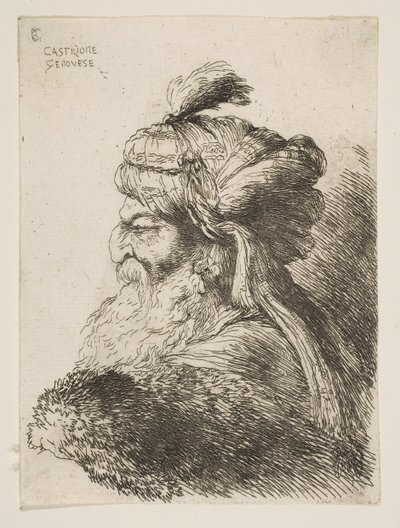 Testa di un vecchio con turbante rivolto a sinistra, dalla serie di Piccole Teste, ca. 1645-1650 da Giovanni Benedetto Castiglione