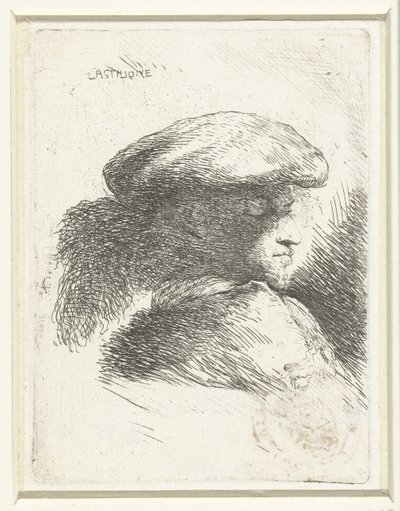 Testa di un giovane con un cappello piumato (serie di piccoli studi di teste con copricapi orientali) da Giovanni Benedetto Castiglione