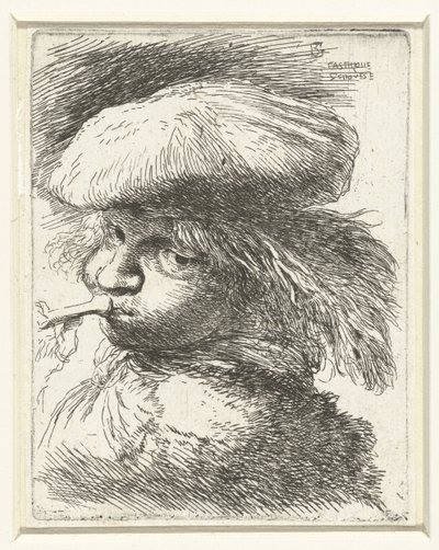 Testa di un ragazzo che suona una tromba (Kleine studie van hoofden met oosterse hoofddeksels serie) da Giovanni Benedetto Castiglione
