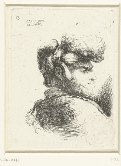 Testa di un uomo con un copricapo bordato di pelliccia, Piccolo studio di teste con copricapi orientali (titolo della serie) da Giovanni Benedetto Castiglione