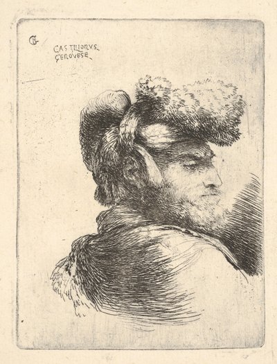 Uomo di profilo rivolto a destra, con cappello di pelliccia, dalla serie di Piccole Teste in Oriente da Giovanni Benedetto Castiglione