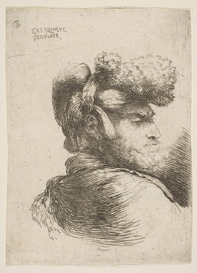 Uomo di profilo rivolto a destra, con cappello di pelliccia, dalla serie di Piccole Teste da Giovanni Benedetto Castiglione