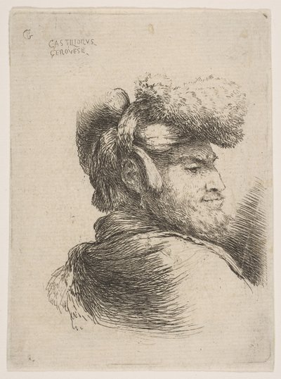 Uomo di profilo rivolto a destra, con cappello di pelliccia, dalla serie di Piccole Teste in Oriente da Giovanni Benedetto Castiglione