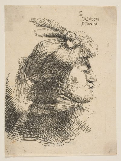 Uomo con un piccolo turbante ornato di piume e nastro, rivolto a destra da Giovanni Benedetto Castiglione