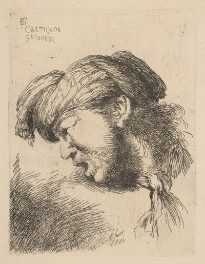 Uomo con turbante, una cravatta legata intorno al collo, rivolto a sinistra, dalla serie ..., ca. 1645-50 da Giovanni Benedetto Castiglione
