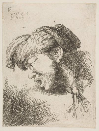 Uomo con turbante, una cravatta legata intorno al collo, rivolto a sinistra, dalla serie di..., 1645-1650 da Giovanni Benedetto Castiglione