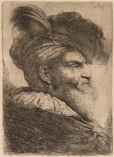 Uomo con lunga barba e copricapo, rivolto a destra da Giovanni Benedetto Castiglione