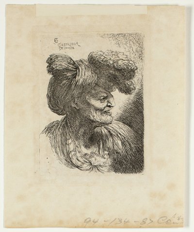 Vecchio con turbante ornato di pelliccia, rivolto a destra, da Piccoli studi di teste in copricapo orientale da Giovanni Benedetto Castiglione