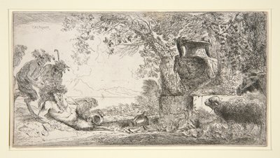 Pan seduto di fronte a un vaso da Giovanni Benedetto Castiglione