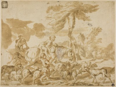 Famiglia di contadini con pecore e cane da Giovanni Benedetto Castiglione